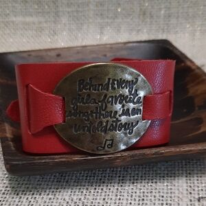 Red Leather Bracelet with Inspirational Quote Oval Antique Bronze